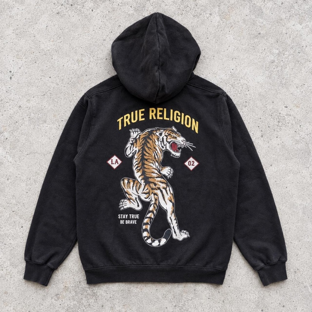 True Religion Black Tiger LA Graphic Zip Up Hoodie Mens Large Streetwear Y2K